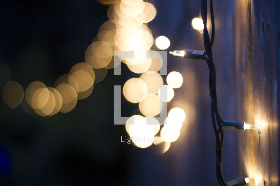 Strand of Christmas lights outside in the summer with bokeh in the background.