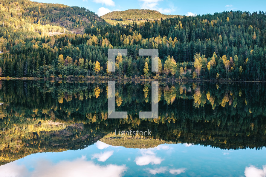 reflection of trees on a mountain forest on lake water 
