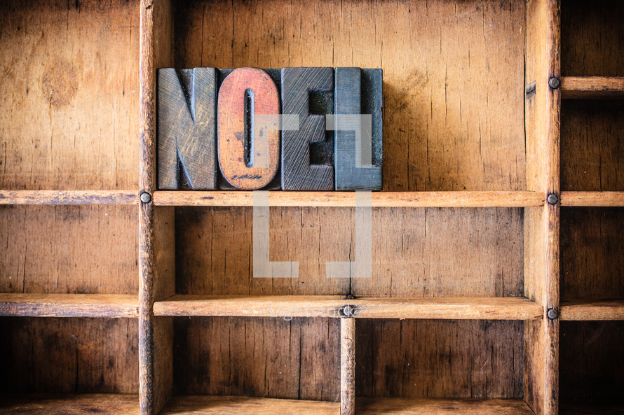 Wooden letters spelling "Noel" on a wooden bookshelf.