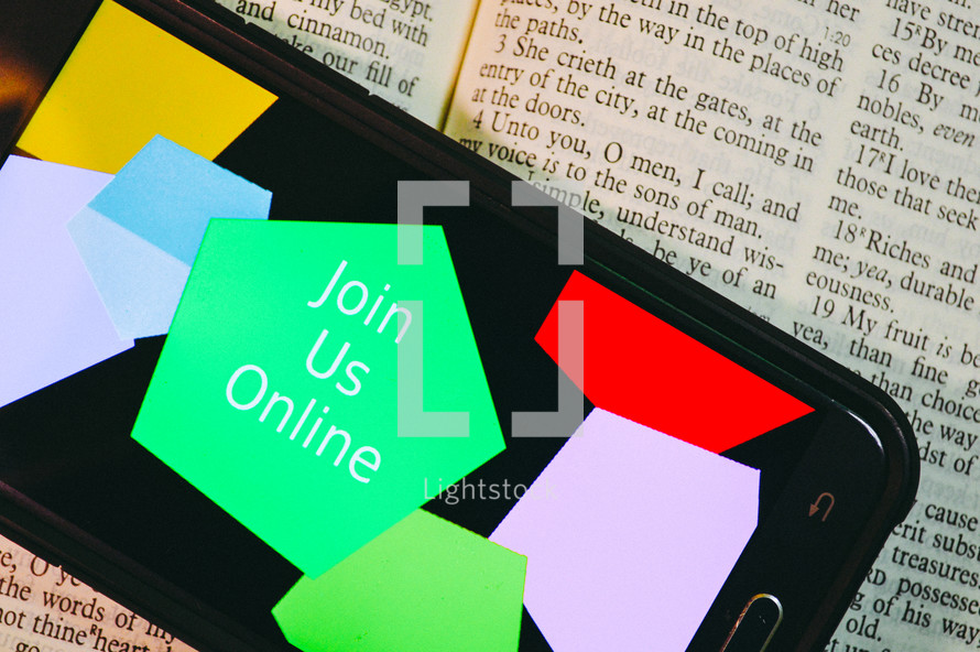 Join Us Online on a smartphone screen on a Bible 