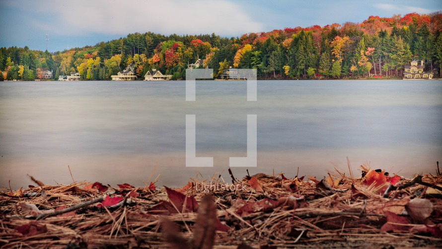 Fall colors ignite the landscape on Lake Joseph. Leaves on a beach cover the foreground.