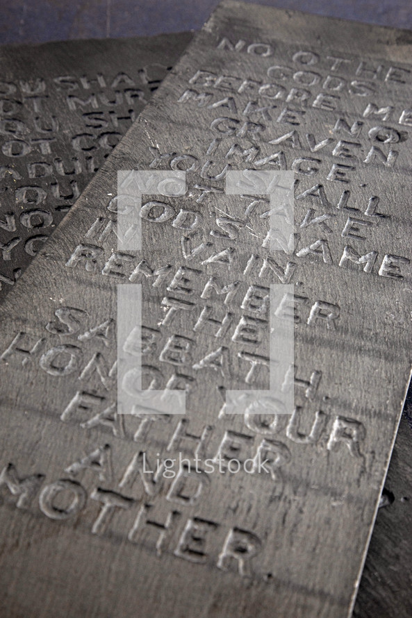 The Ten Commandments Carved into Two Black Slate Stone