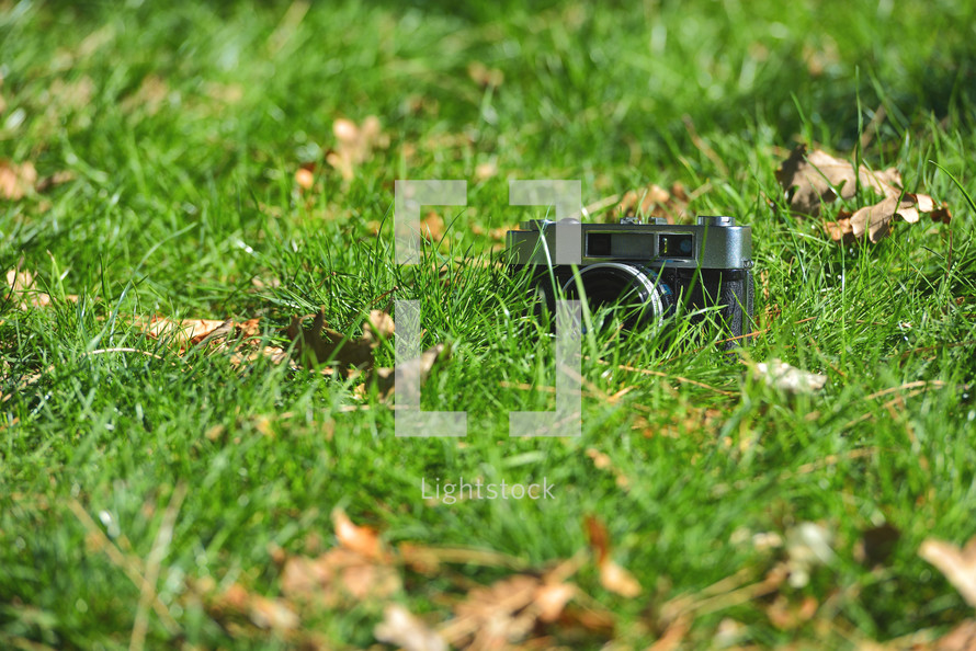 vintage camera in grass