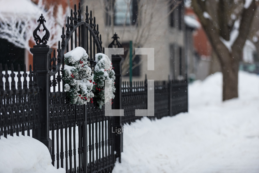 wreath, Christmas, Christmas wreath, wrought iron, fence, snow, winter