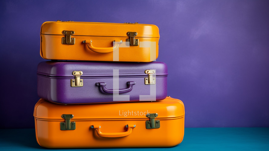 Orange and purple suitcases on a purple wall. Travel concept. 
