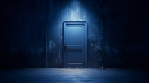 Single blue door in a dimly lit alley. 