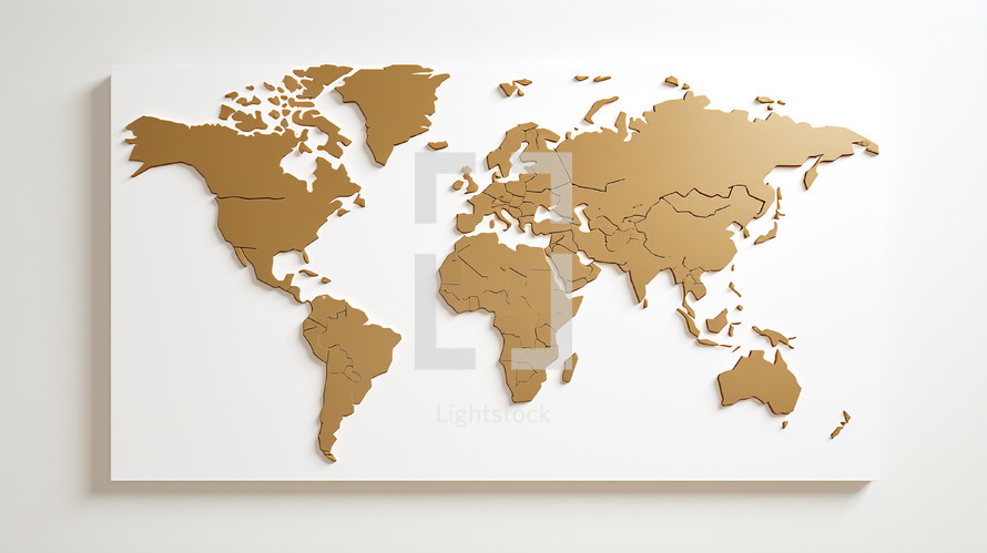 Gold world map on white. 