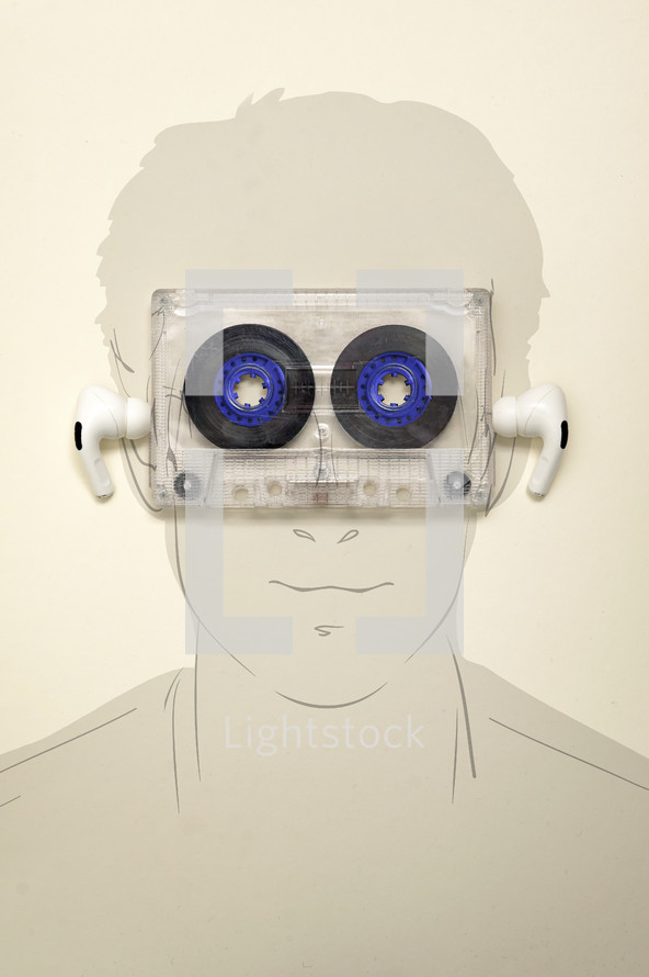 Abstract Audio Cassette over Man Face. Man Listen Music  With Earphones