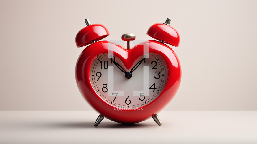 Heart shaped red alarm clock on white background. 