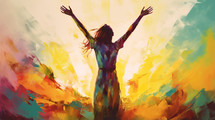 Colorful painting of a woman raising her arms in prayer. 