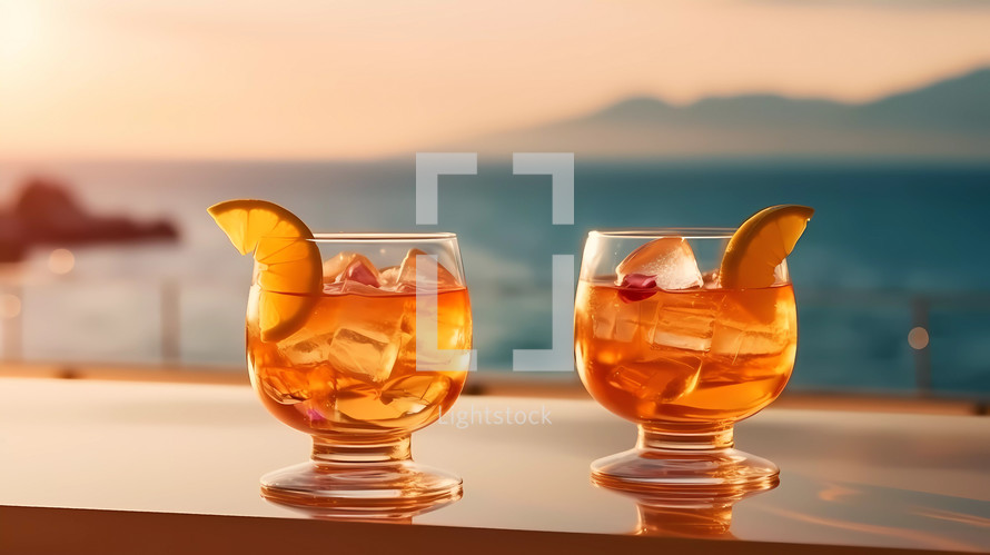 Cocktails in glass glasses near a beach in summer. AI Generate