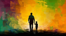 Colorful painted silhouette of a father and son. 