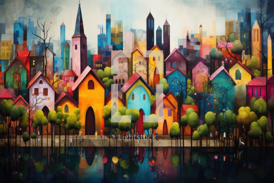 Cityscape with Church, colorful houses and trees painted in water. Digital painting.