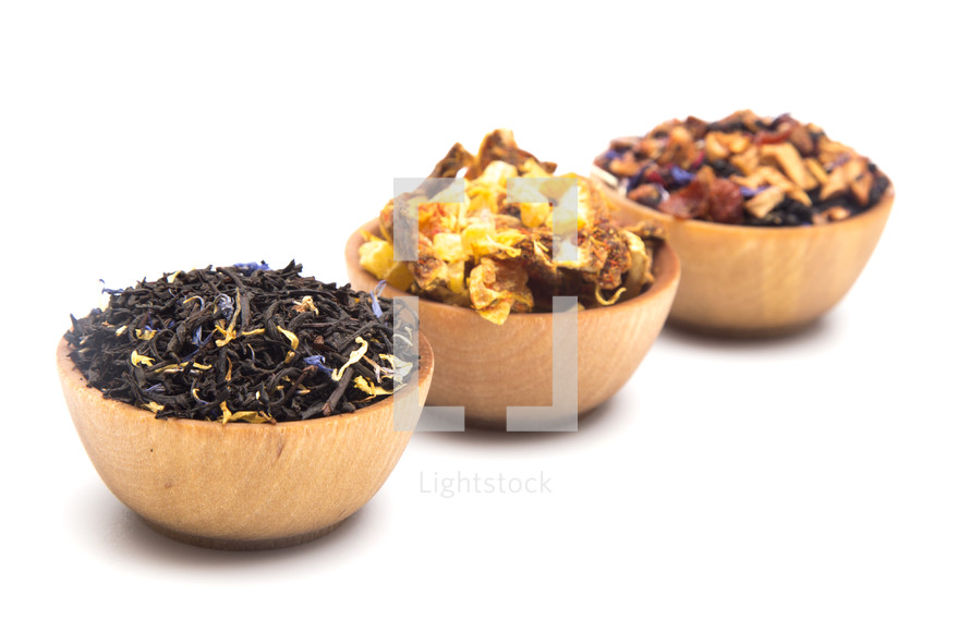 Loose Leaf Tea in a Wooden Bowl on a White background 