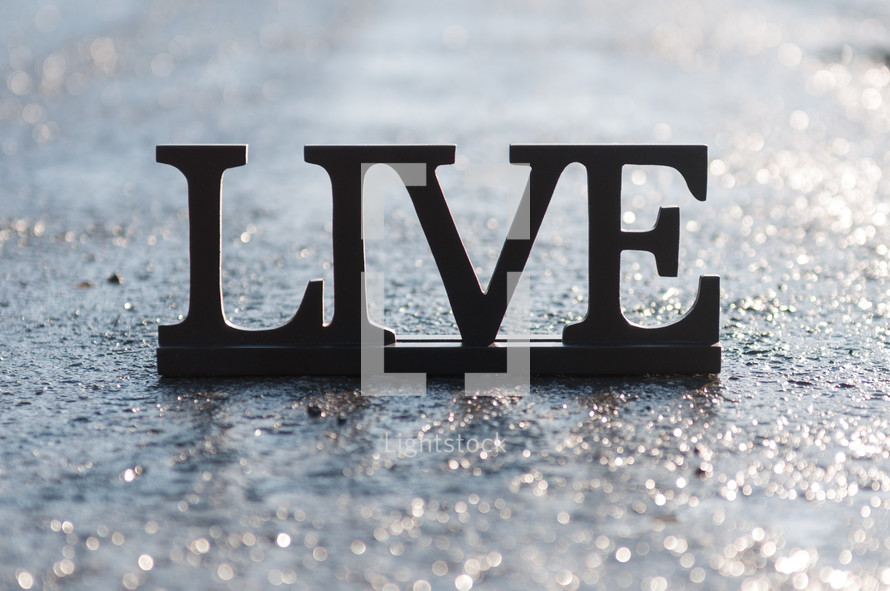 Letters spelling "live" on wet pavement.