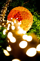 tree branch wrapped in lights and a decorative ball of roses