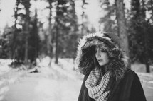 woman, winter, snow, standing, vest, hood, scarf