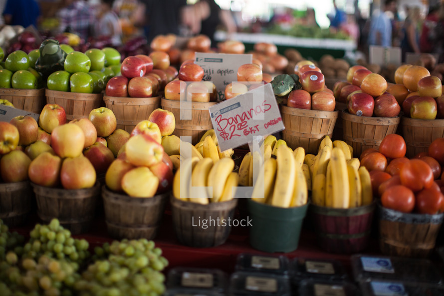 fruit, bananas, apples, grapes, blueberries, farmers market, food, produce