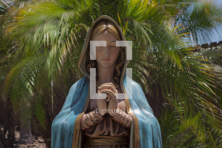statue of Mary praying and a palm tree 