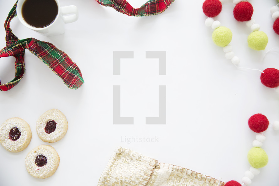 ribbon, pompoms, plaid, cookies, border, Christmas themed 