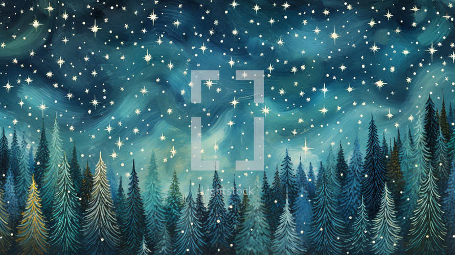 Illustrated starry night sky with snowfall and snowy trees. 