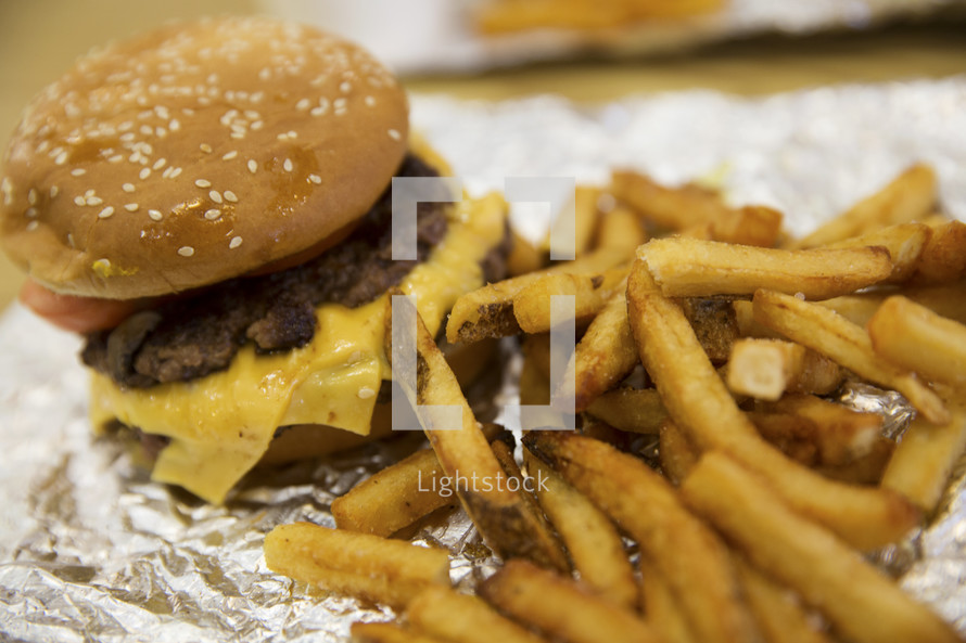 fast food, hamburger and french fries