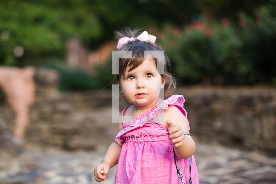 a toddler girl in a pink dress