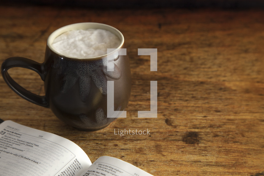 latte and open Bible 