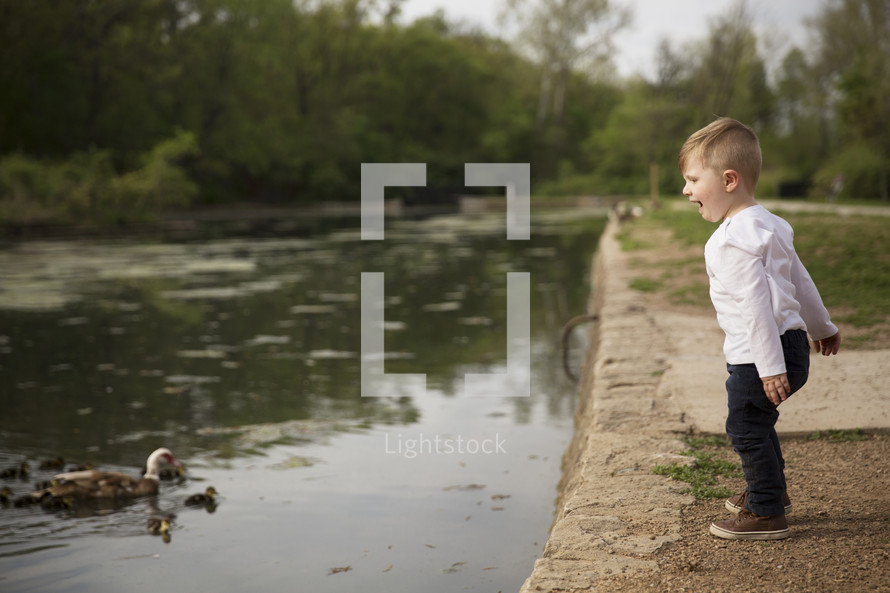 A toddler boy excited to see ducks in a pond