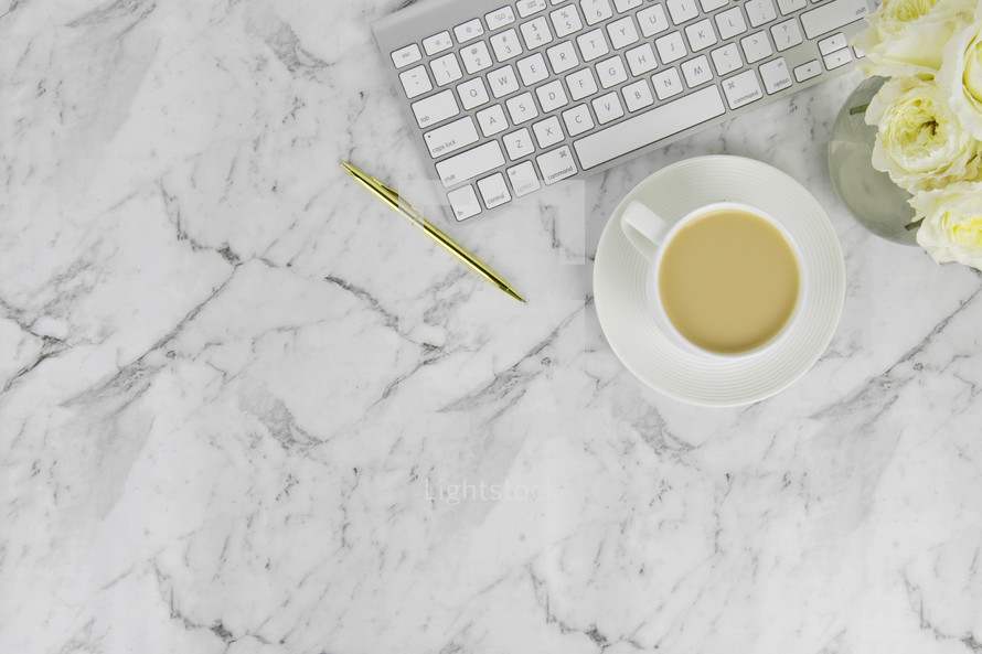 coffee cup, pen, gold, roses, white, carrara marble, computer keyboard, desk, copy space 