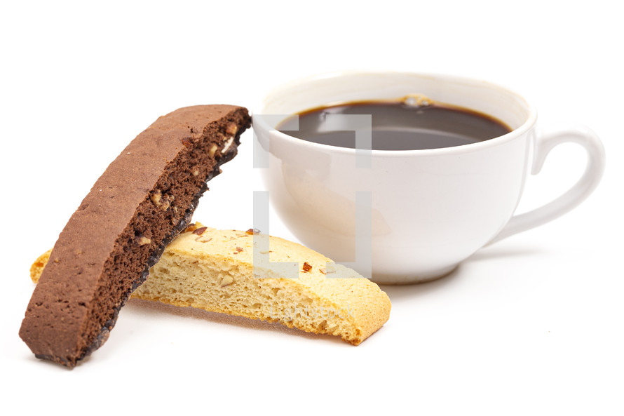 coffee with Chocolate and Nut Biscotti Isolated on a White Background