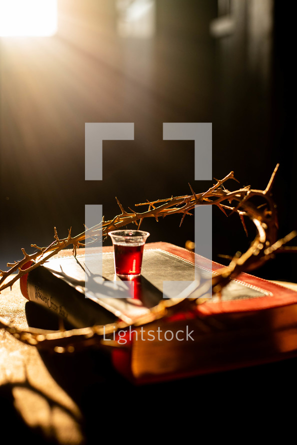 crown of thorns and communion cup on a Bible 
