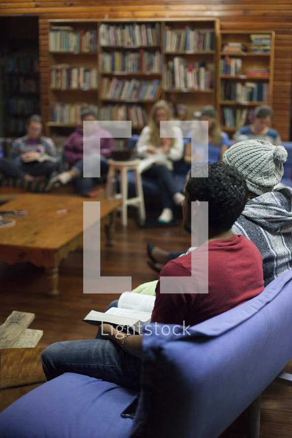 Bible study in a library 