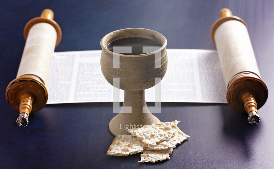 scroll, wine chalice, and unleavened bread