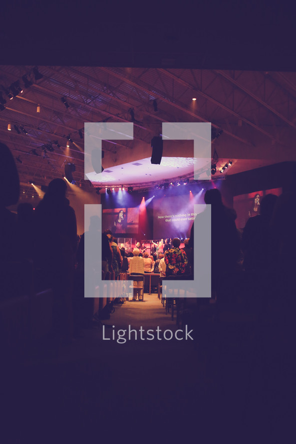 spot lights, audience, stage lights, worship service, musicians, on stage, church, contemporary worship service 