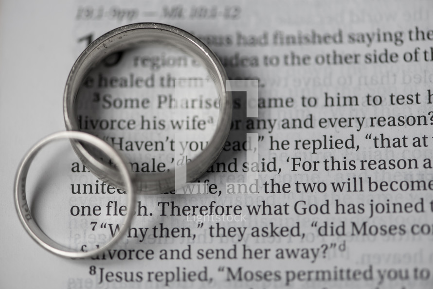 wedding rings on the pages of a Bible