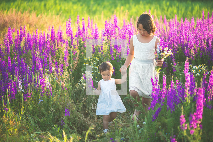 sisters in a field of wildflowers 