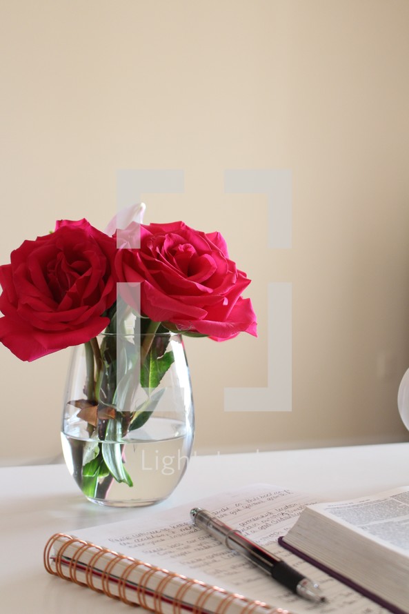 roses in a vase and notebook and Bible 