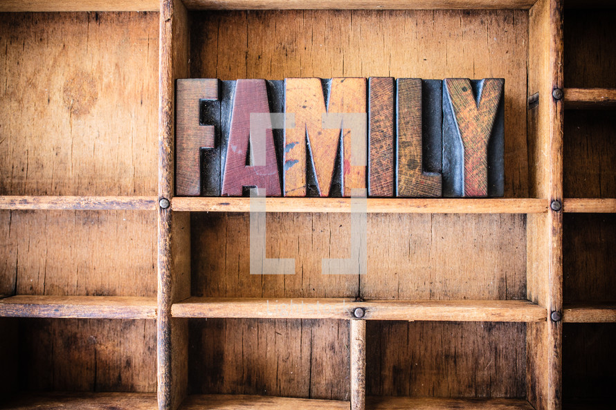 Wooden letters spelling "family" on a wooden bookshelf.