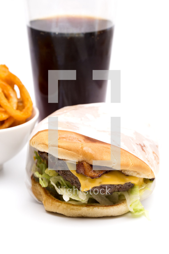hamburger, soda, and fries 