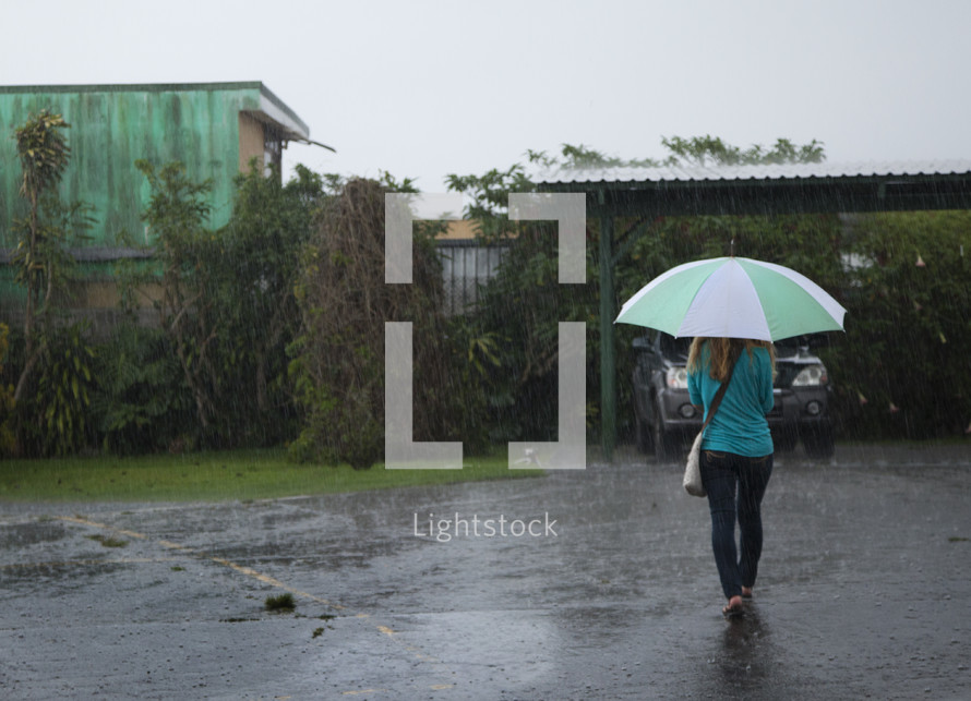woman walking in the rain holding an umbrella 