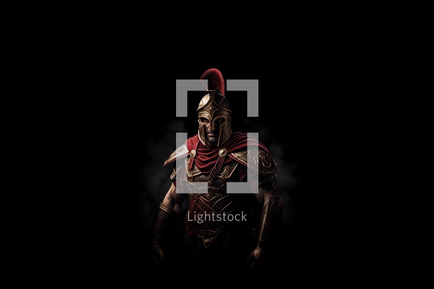 Roman legionary soldier in red armor and helmet over black background.
