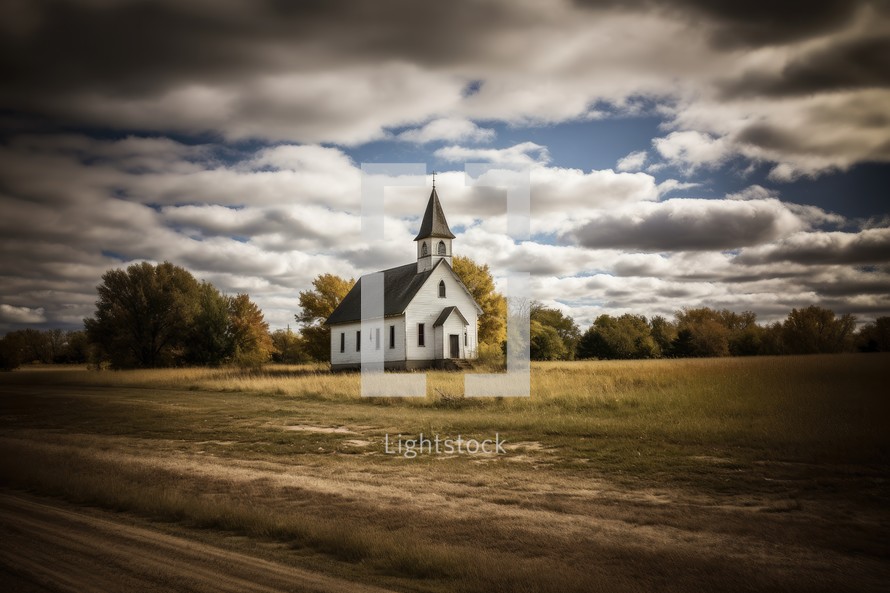 Old church in the countryside with cloudy sky. Shallow depth of field.
