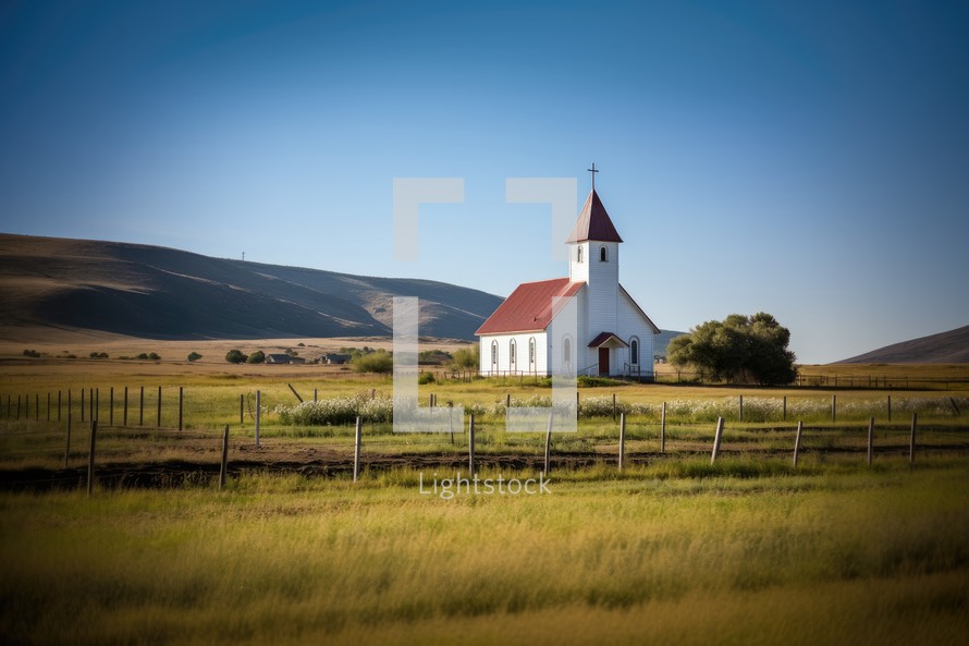 Small church in the middle of a field with mountains in the background