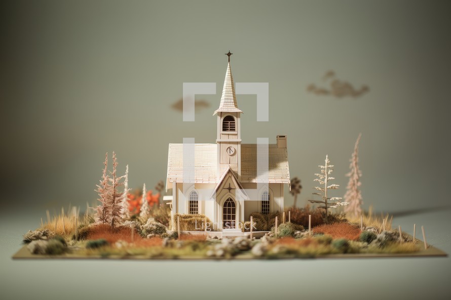 Small church on the meadow in autumn. 3d illustration.