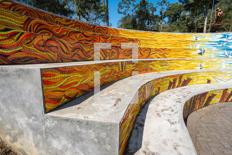 August 29, 2024. Rebeirao Pires, SP Brazil.
Mosaic artwork on the stairs at the Oriental Garden at Rebeiroa Pires.