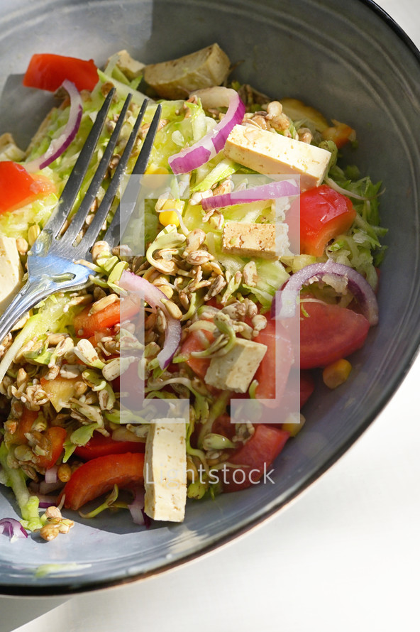 Salad and fork in a bowl