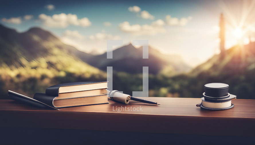 Back to school table with book and countryside background