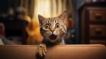 A surprised cat on a couch. 