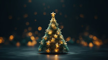 Gold lighted ornaments on a tree with a star and bokeh.